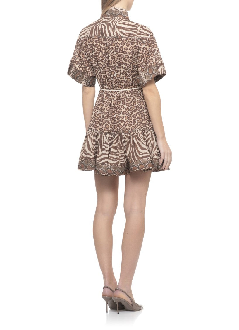 Zimmermann Animal Print Cotton Mini Dress With Belted Waist And Ruffled Hem
