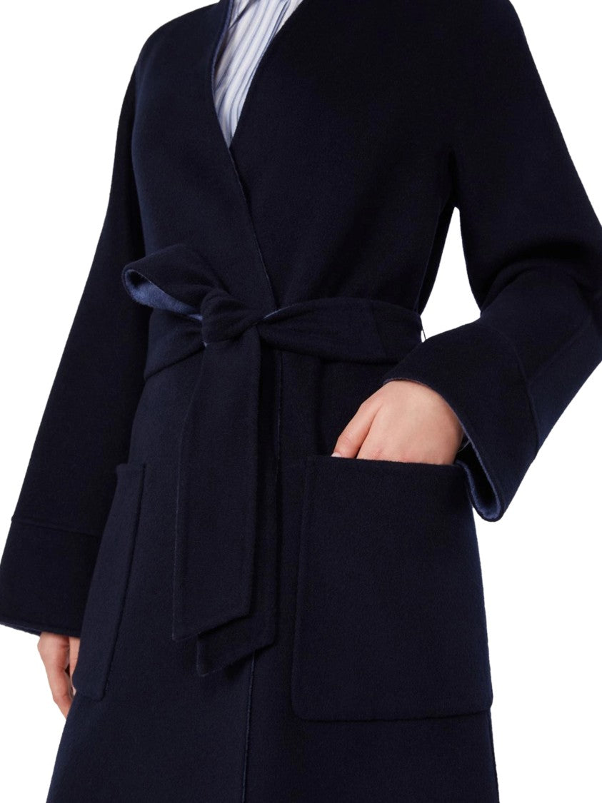 Max Mara Long Wool Coat With Wrap Front And Self-Tie Belt