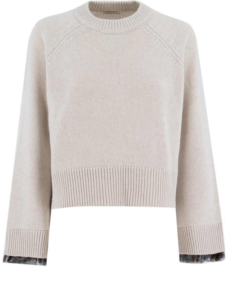 Brunello Cucinelli Cropped Wool Jumper With Sequin-Embellished Cuffs