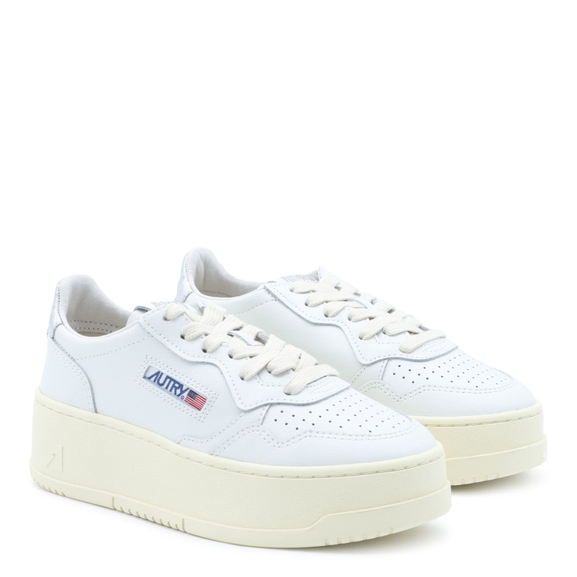 Autry White Leather Platform Sneakers With Silver Accents