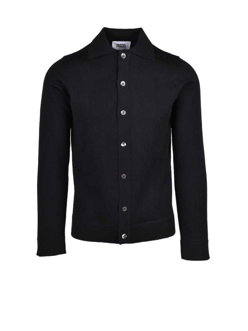 Alpha Studio Black Button-Down Extrafine Merino Wool Shirt