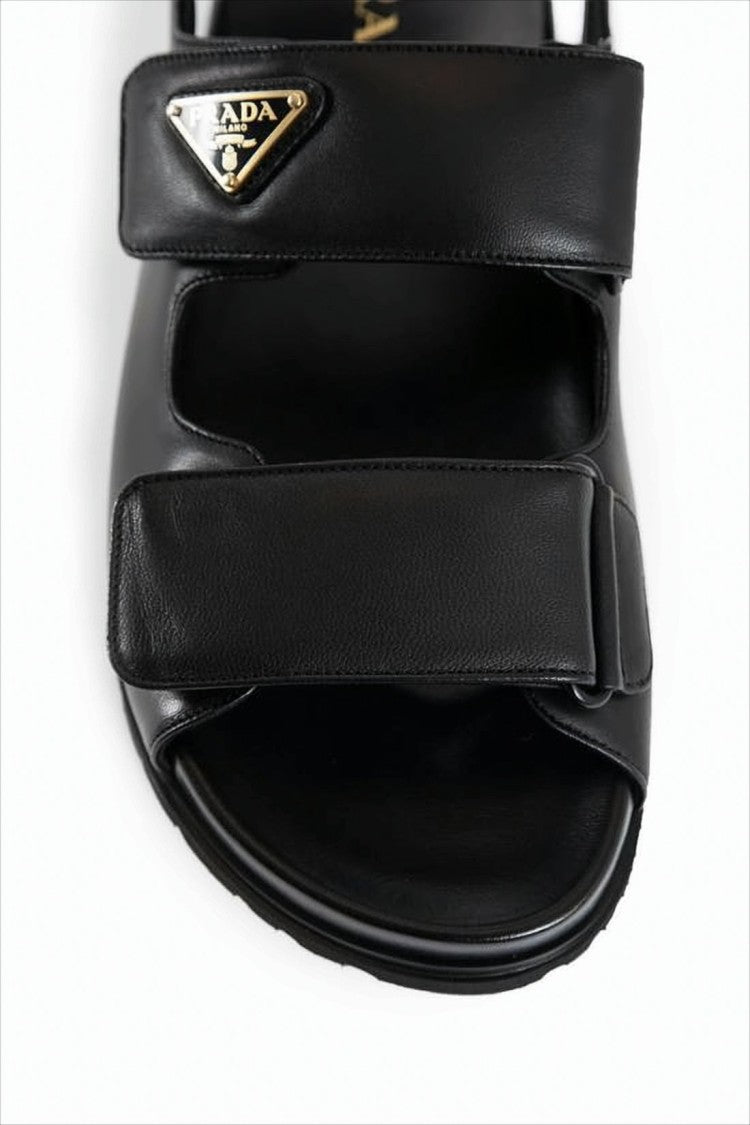 Prada Black Leather Sandals With Adjustable Straps And Metal Logo
