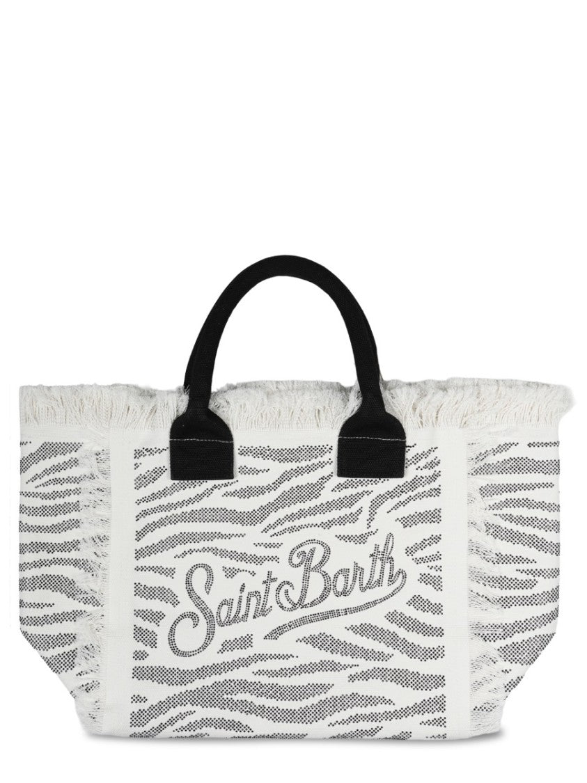 Mc2 Saint Barth Grey Cotton Tote Bag With Animal Print And Fringed Edges