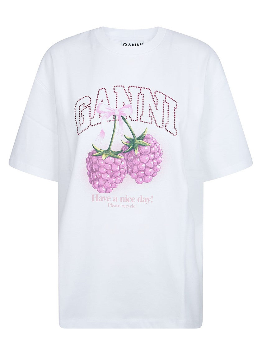 Ganni Short-Sleeved Crew Neck T-Shirt With Playful Raspberry Print