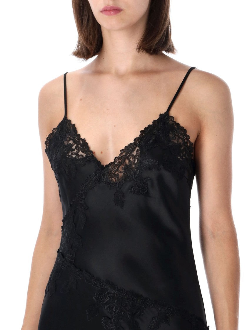 By Malene Birger Long Black Dress With Lace Detailing And Asymmetrical Waist