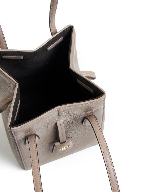 Fendi Structured Taupe Calf Leather Shoulder Bag With Gold-Tone Hardware