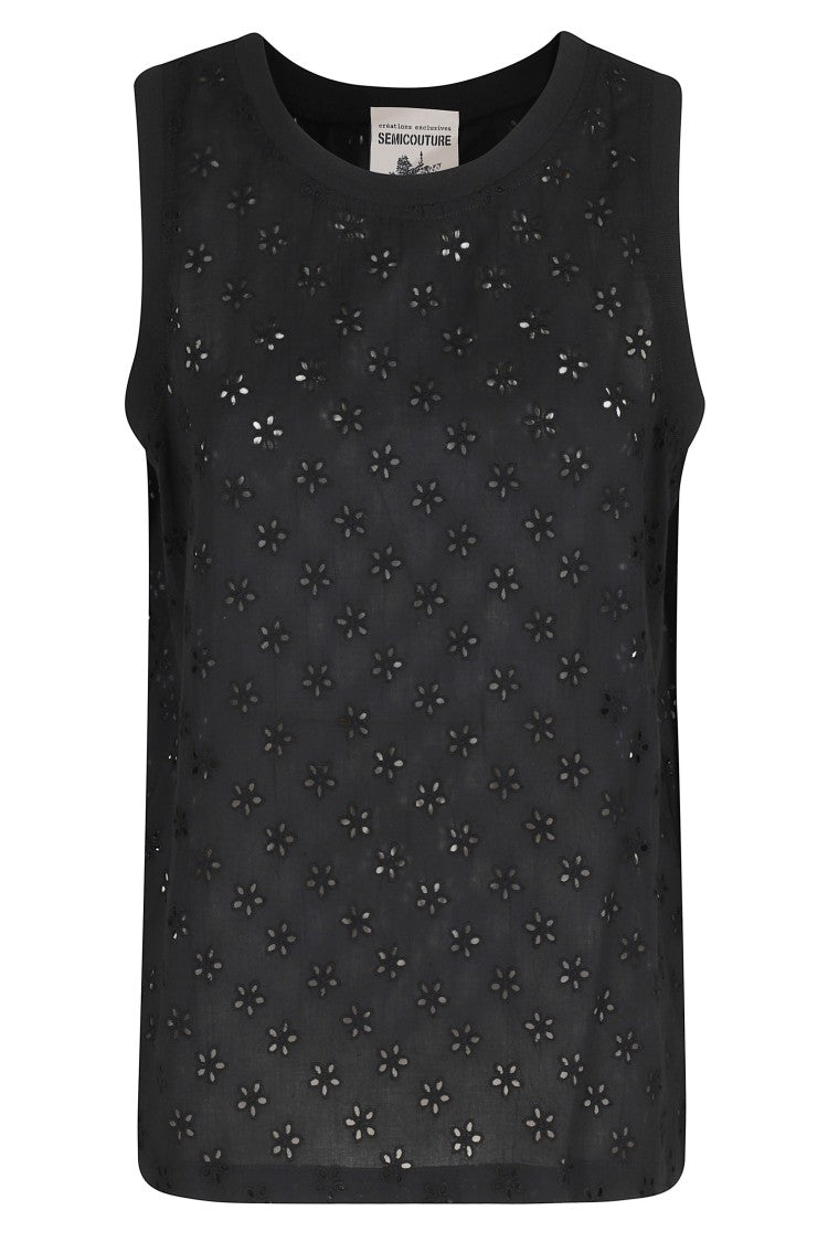 Semi Couture Black Alisa Cut-Out Floral Ribbed Cotton Tank Top