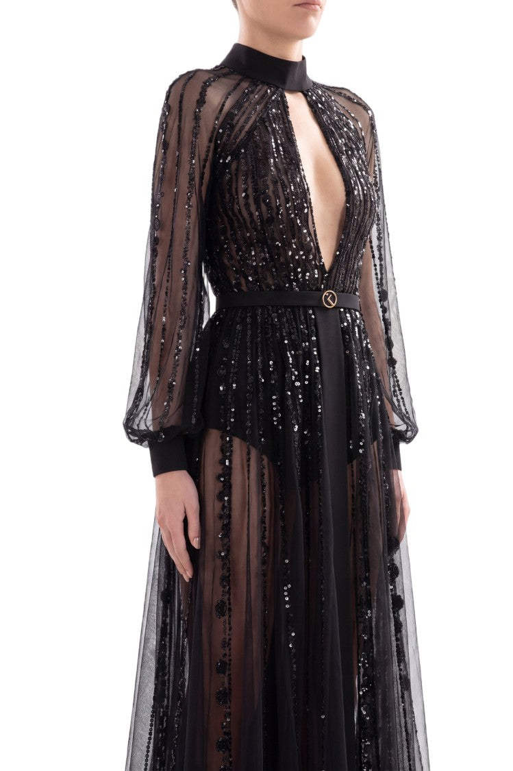 Saiid Kobeisy Black A-Line Sheer Embroidered Evening Dress