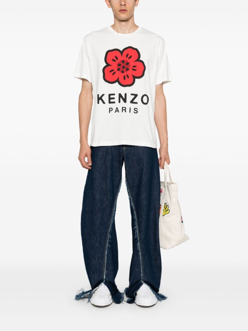 Kenzo Graphic White Cotton T-Shirt With Flower Design