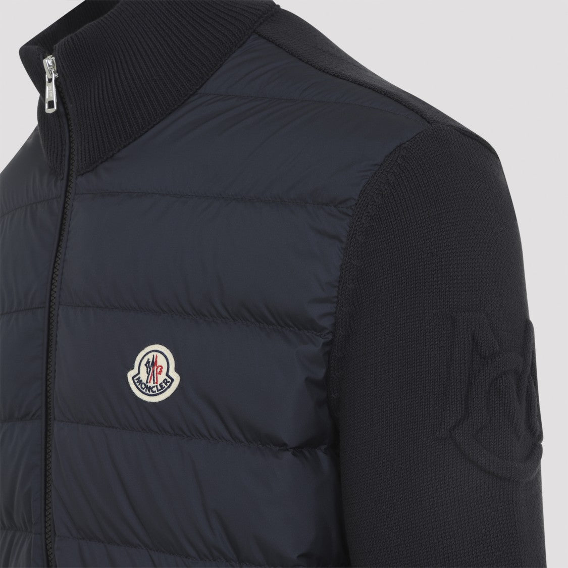 Moncler Padded Dark Blue Cotton Cardigan With Ribbed Collar