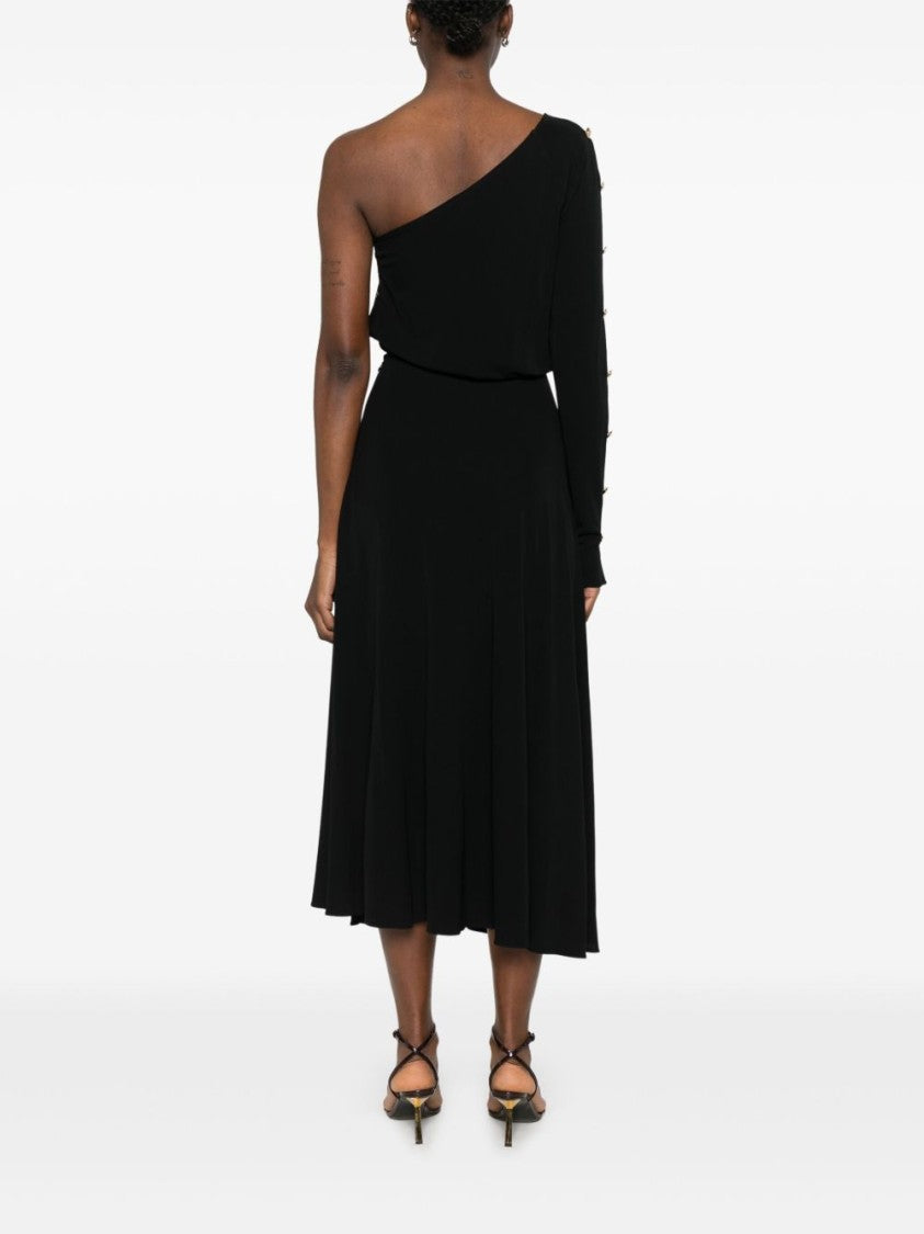 Elisabetta Franchi Flowing One-Shoulder Black Dress With Decorative Buttons