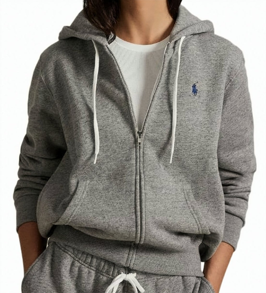 Polo Ralph Lauren Heather Grey Zip-Up Hoodie With Adjustable Hood And Embroidered Logo
