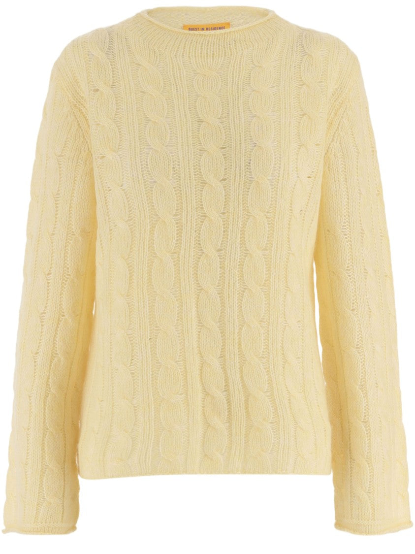 Guest In Residence Yellow Cable-Knit Crewneck Wool-Blend Sweater