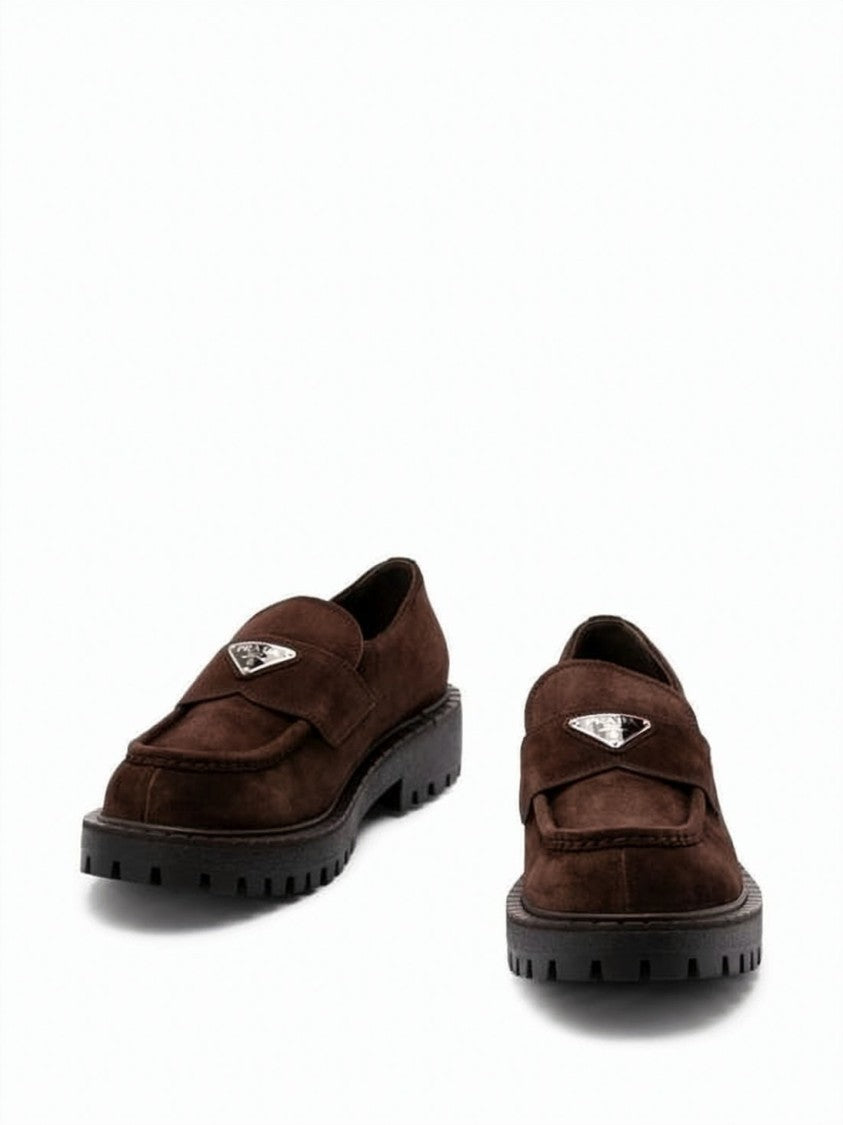 Prada Chunky Sole Dark Brown Suede Loafers With Triangular Emblem