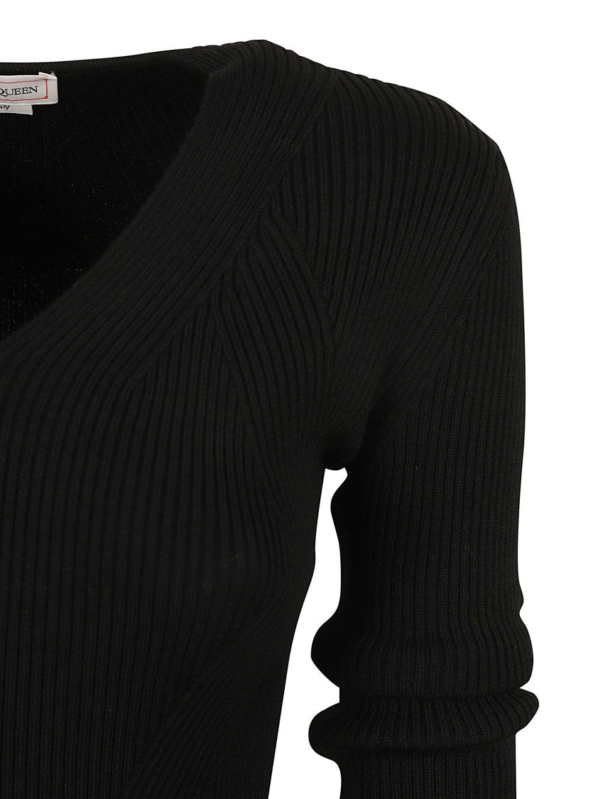 Alexander Mcqueen Ribbed Black Sweater With Asymmetrical Shoulder