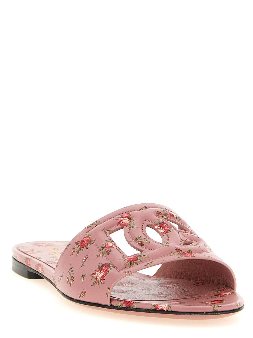 Dolce & Gabbana Rose Print Calf Leather Slides