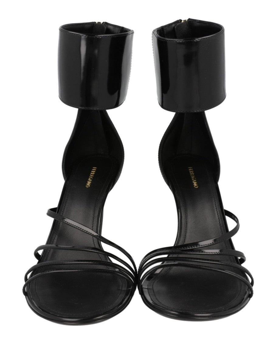 Ferragamo Clethra 85 Patent Leather Heel Sandals With Gold-Tone Accents
