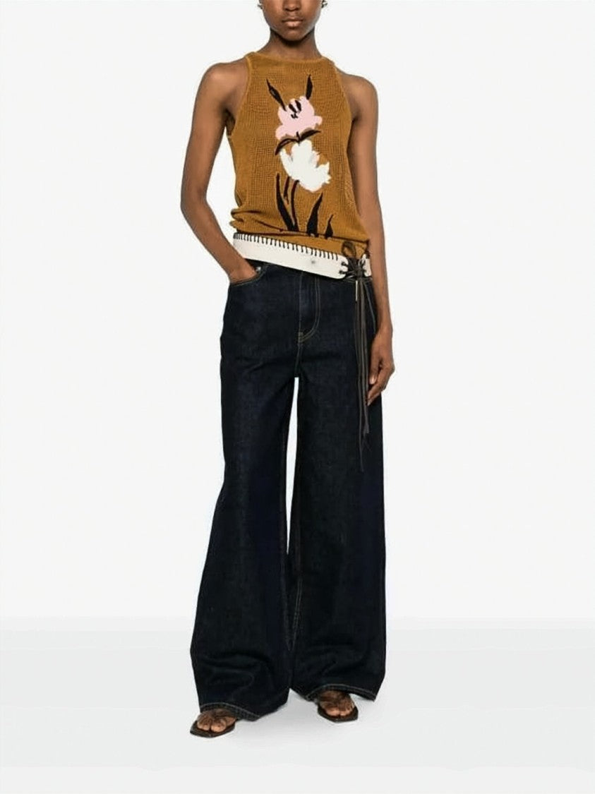 Ganni Dark Indigo Wide-Leg Denim Pants With High Waist