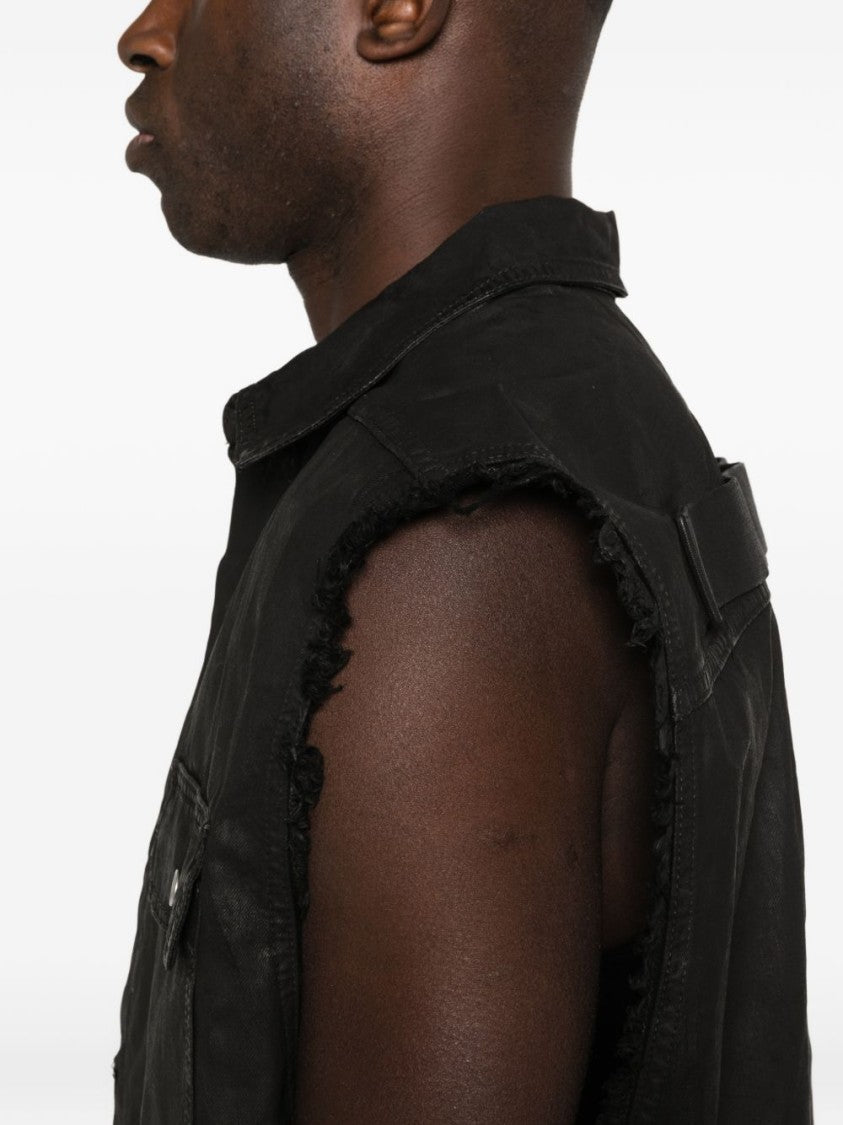 Drkshdw Sleeveless Black Vest With Button Fastening And Fringed Detail