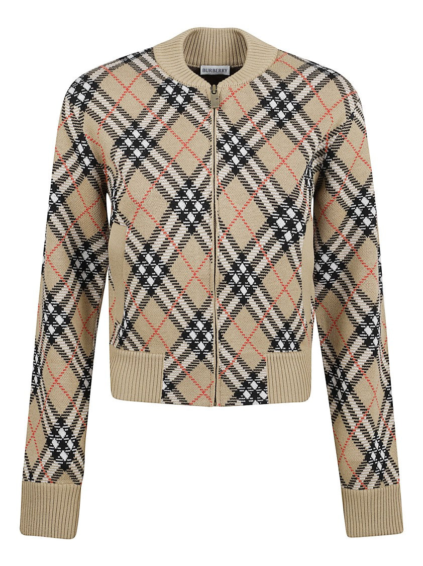 Burberry Cropped Wool Blend Cardigan With Burberry Check Embroidery
