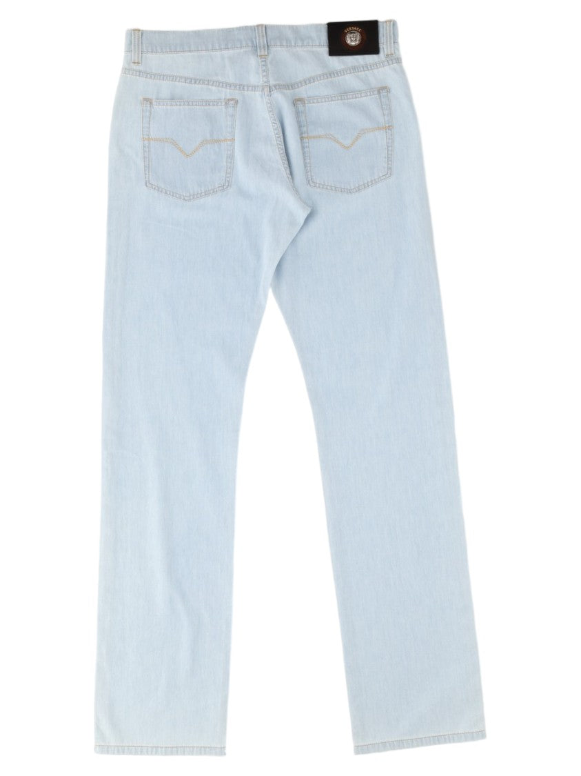 Versace Light Wash Denim Jeans With Calf Leather Trim