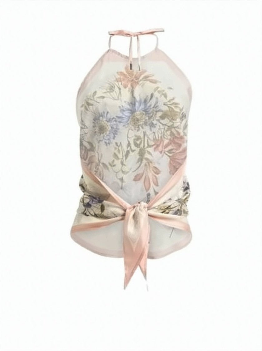 Etro Ivory Silk Halter Top With Floral Print