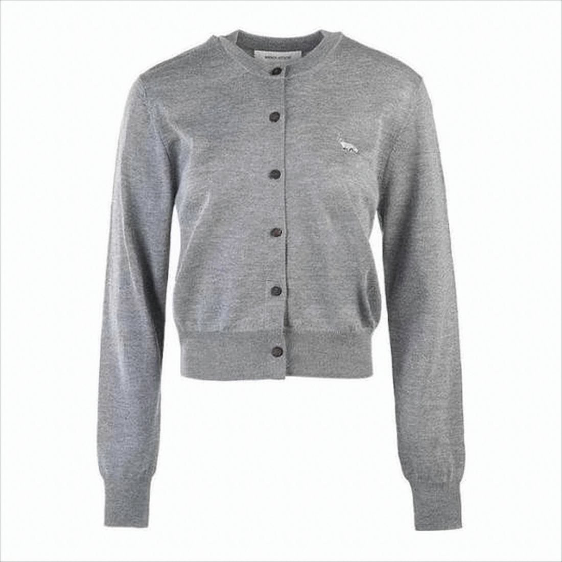 Maison Kitsuné Lightweight Grey Wool Cardigan With Classic Crew Neckline