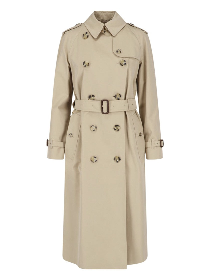 Burberry Beige Cotton Gabardine Double-Breasted Trench Coat With Waist Belt