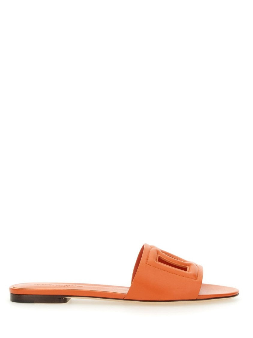 Dolce & Gabbana Open Toe Raised Logo Leather Slide Sandals