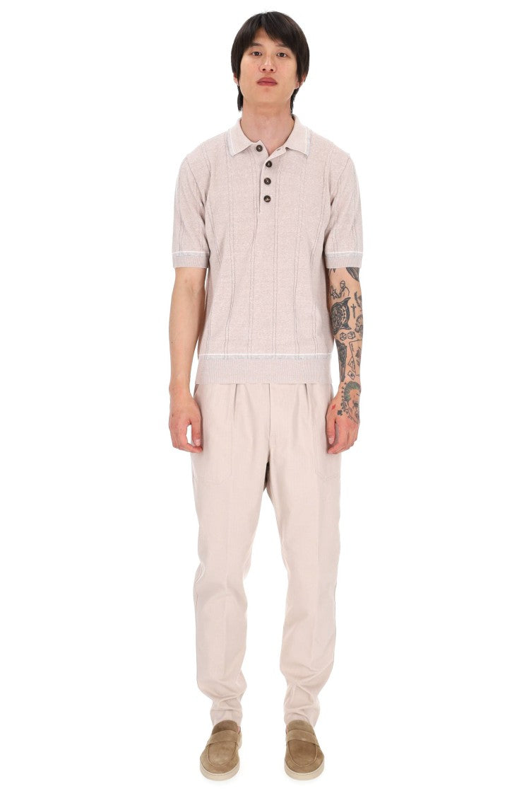 Eleventy Beige Cable-Knit Linen-Cotton Polo Shirt
