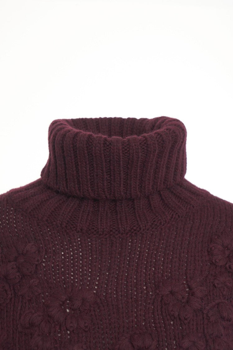 Guess By Marciano High Neck Embroidered Burgundy Oversized Sweater