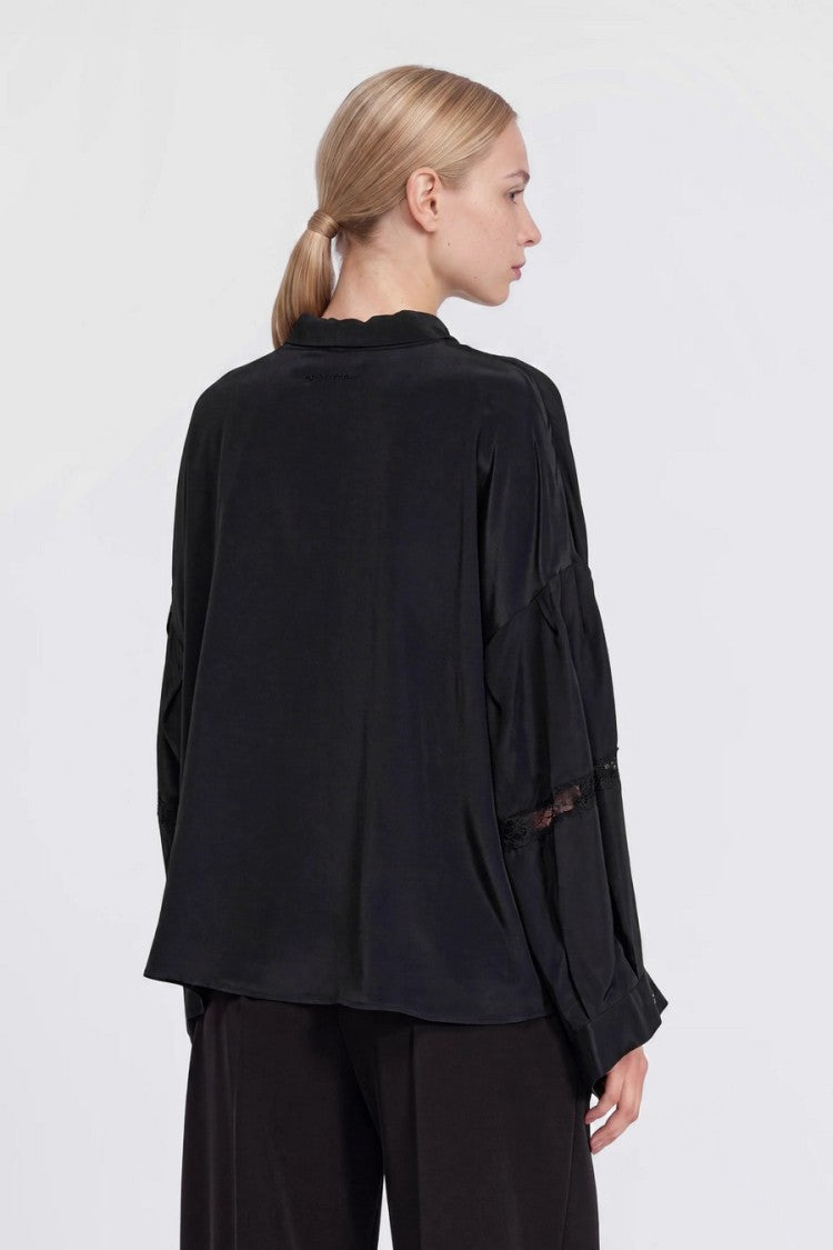 Ermanno Black Neck Tie Lace Insert Acetate-Blend Blouse