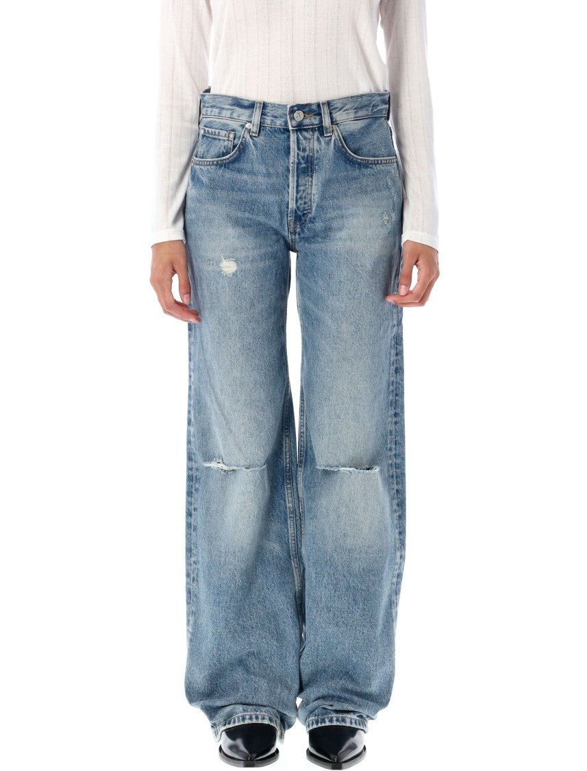 Anine Bing Washed Blue Straight Leg Jeans With Ripped Details