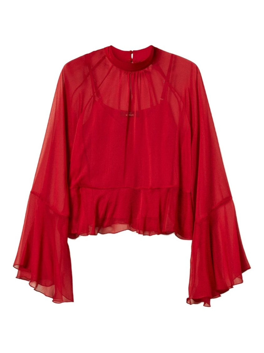 Twin-Set Cropped Red Sheer Blouse With Bell Sleeves