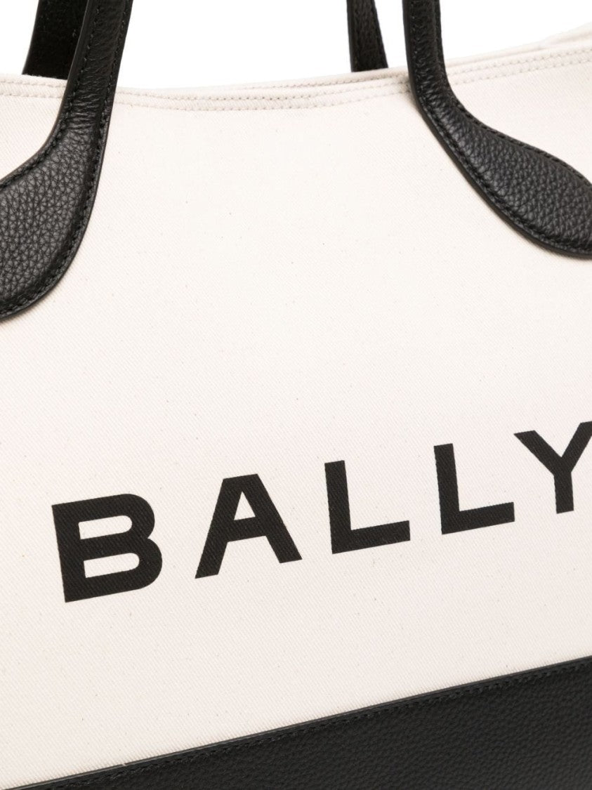 Bally Rectangular Beige Canvas Tote Bag With Black Leather Accents