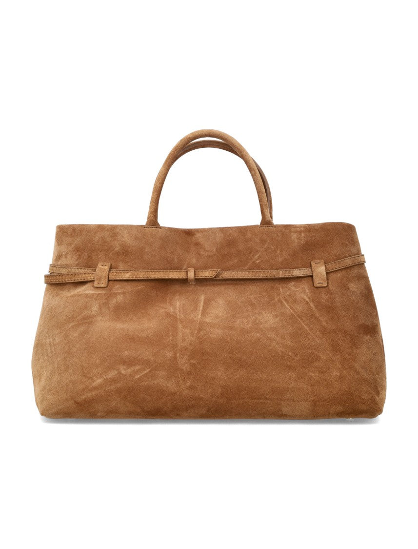 Manu Atelier Spacious Caramel Suede Handbag With Magnetic Closure And Zip Pocket