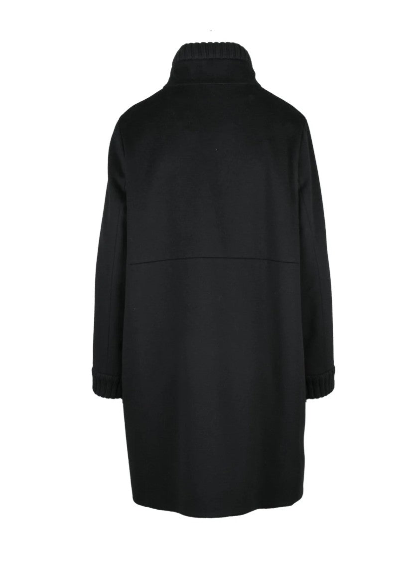 Cinzia Rocca Black Virgin Wool High-Collar Snap Coat