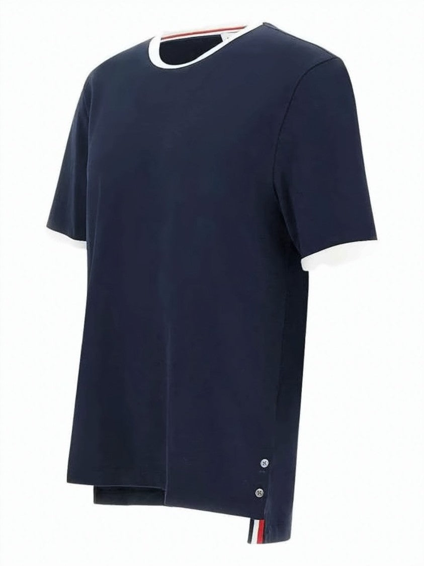 Thom Browne Short-Sleeve Navy T-Shirt With Signature Tricolor