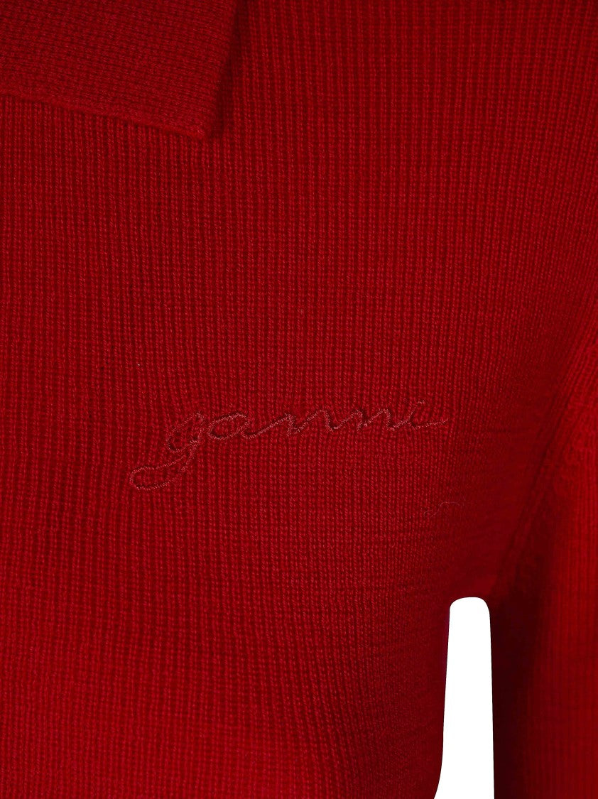 Ganni Fitted Long-Sleeve Ribbed Merino Wool Polo Shirt