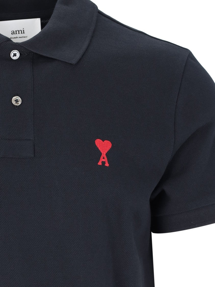 Ami Paris Minimalist Black Polo Shirt With Crew Neckline