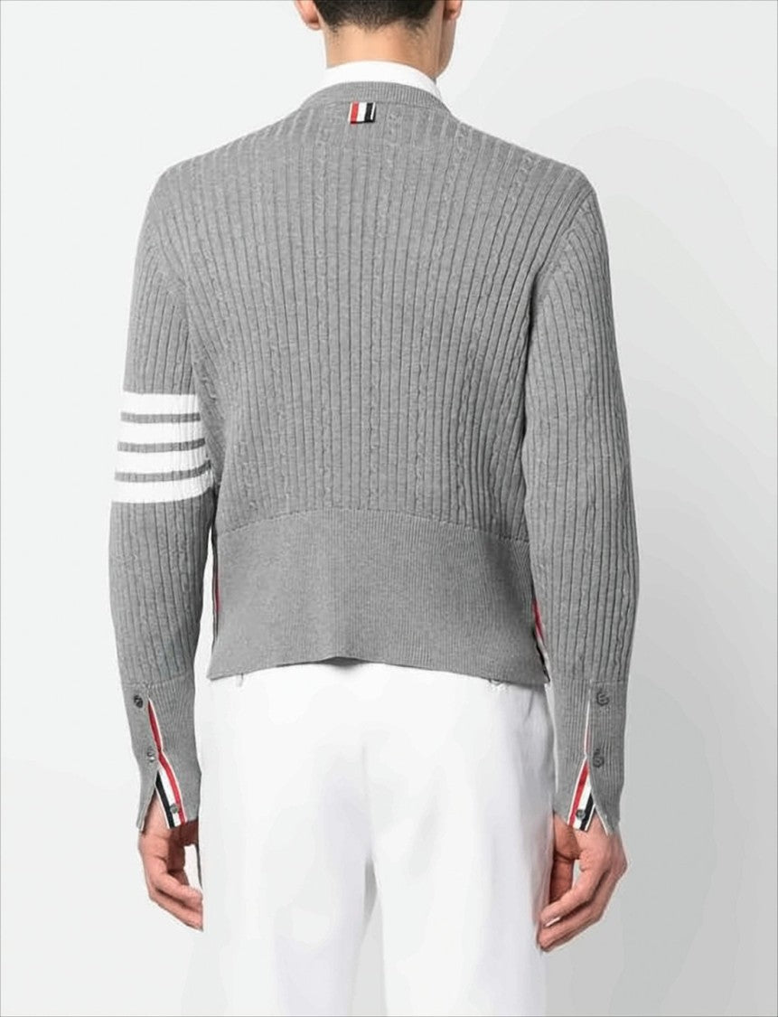 Thom Browne Ribbed Knit Grey Sweater With Distinctive Buttoned Cuffs