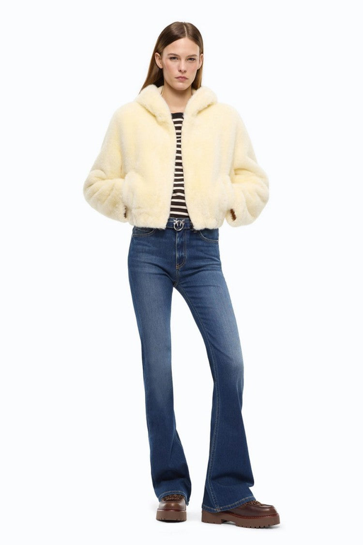 Pinko Yellow Polyester Fur-Effect Hooded Jacket