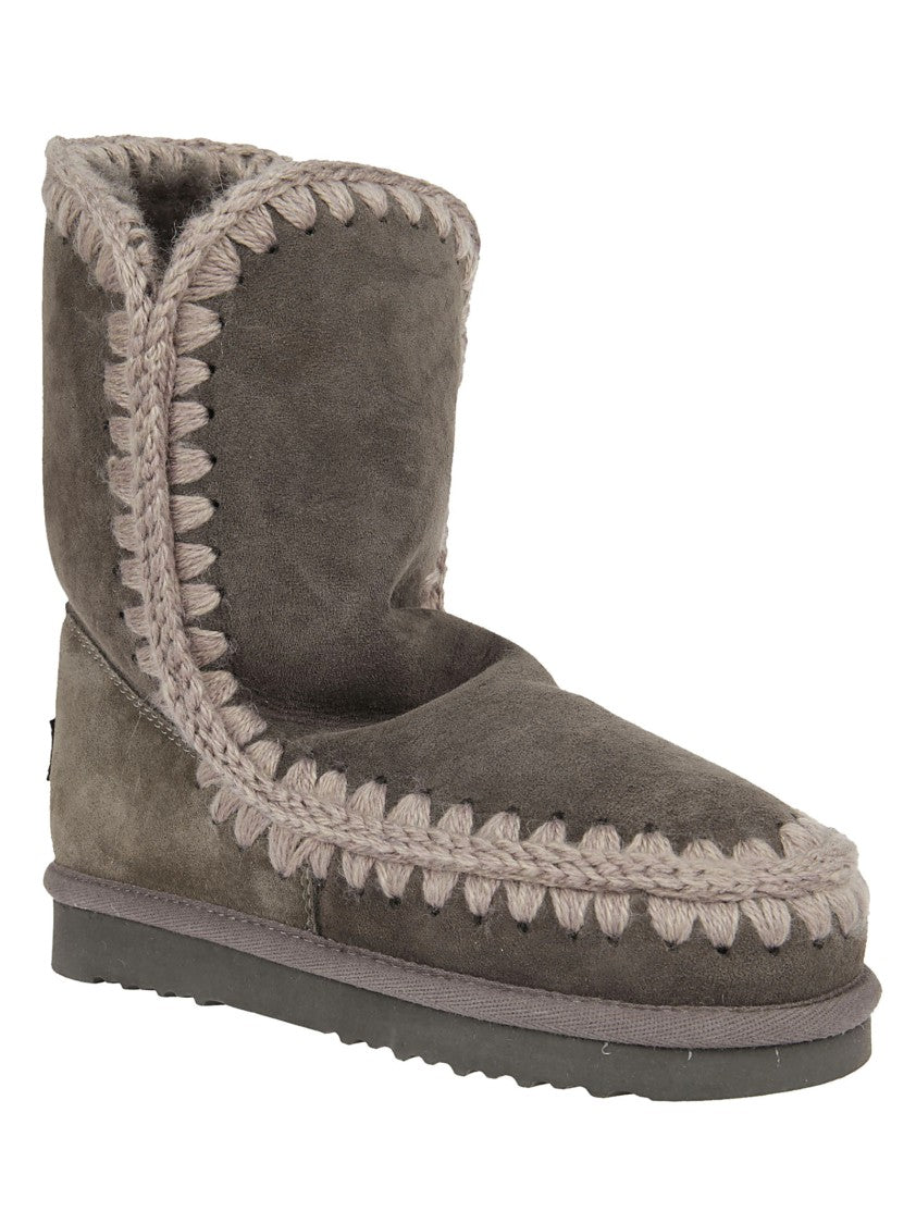 Mou Grey Crochet Wool Stitching Sheepskin Mid-Calf Boots