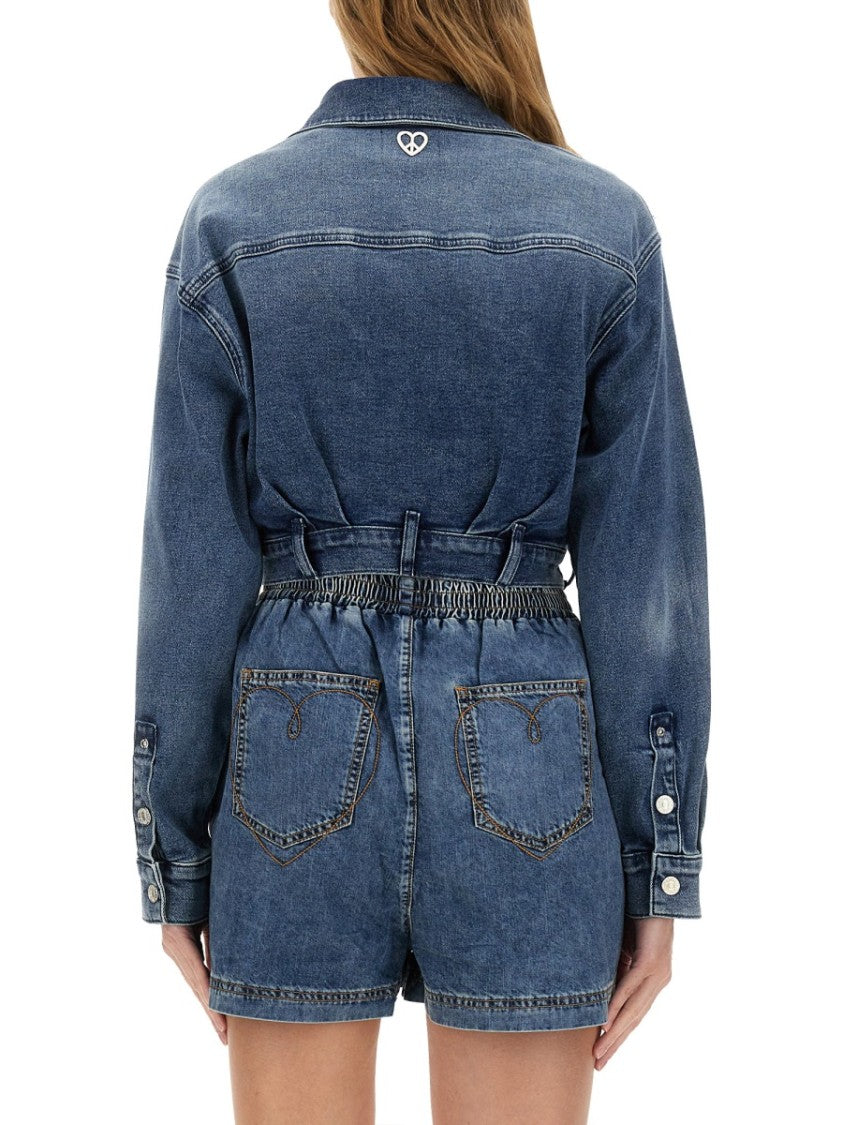 Moschino Pearl-Accented Denim Shirt With Belted Waist