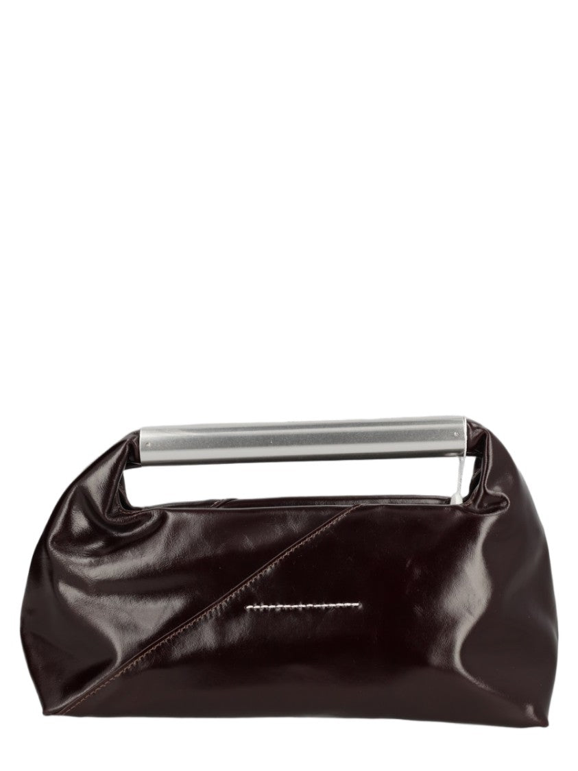 Mm6 By Maison Margiela Glossy Brown Cowhide Clutch With Silver Bar Handle