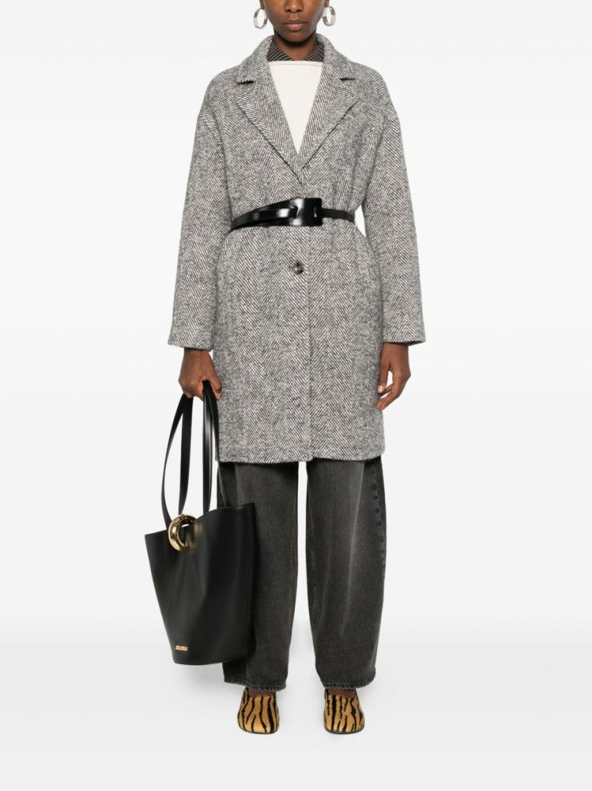 Liu Jo Tailored Herringbone Grey Coat With Slim Belt