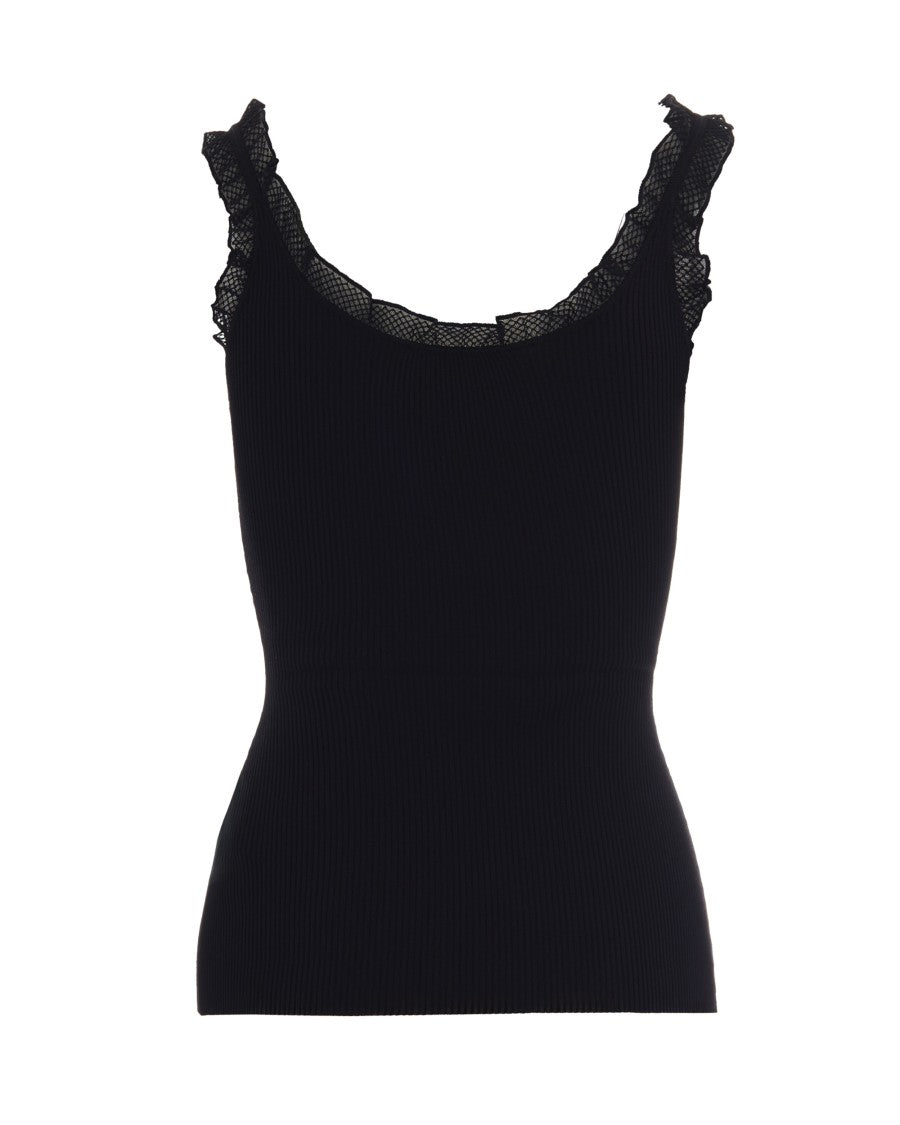Elisabetta Franchi Slim-Fit Black Knit Top With Scalloped Lace Detail