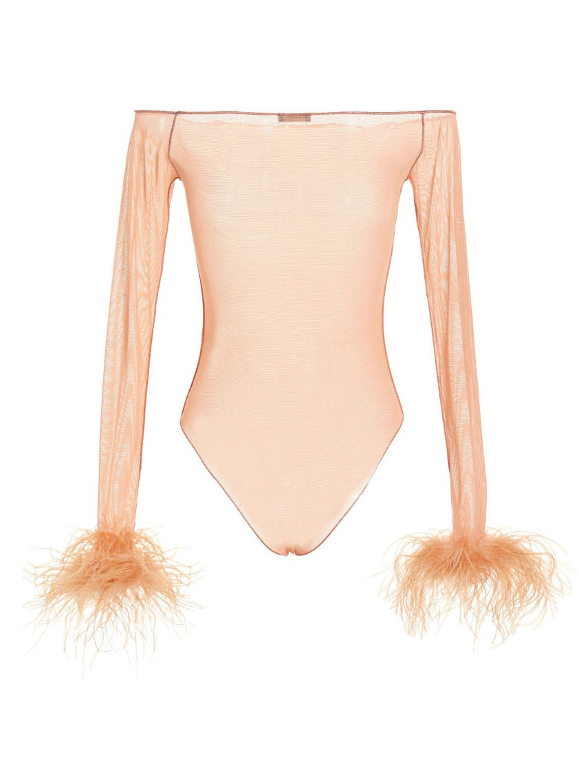 Oséree Feather Transparent Mesh Bodysuit