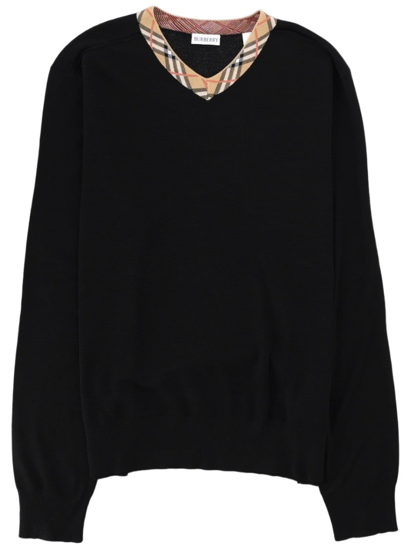 Burberry V-Neck Merino Wool Sweater With Check Trim