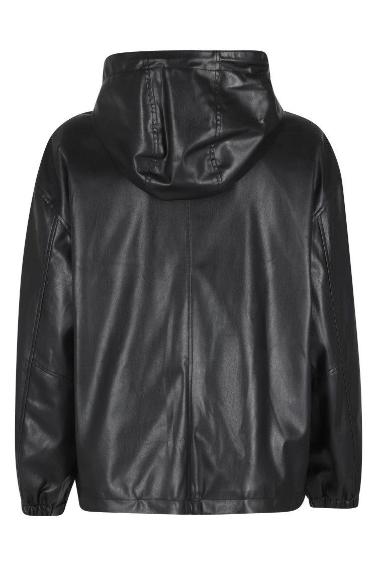 Dunst Black Leather Windbreaker Drawstring Hooded Polyester Jacket
